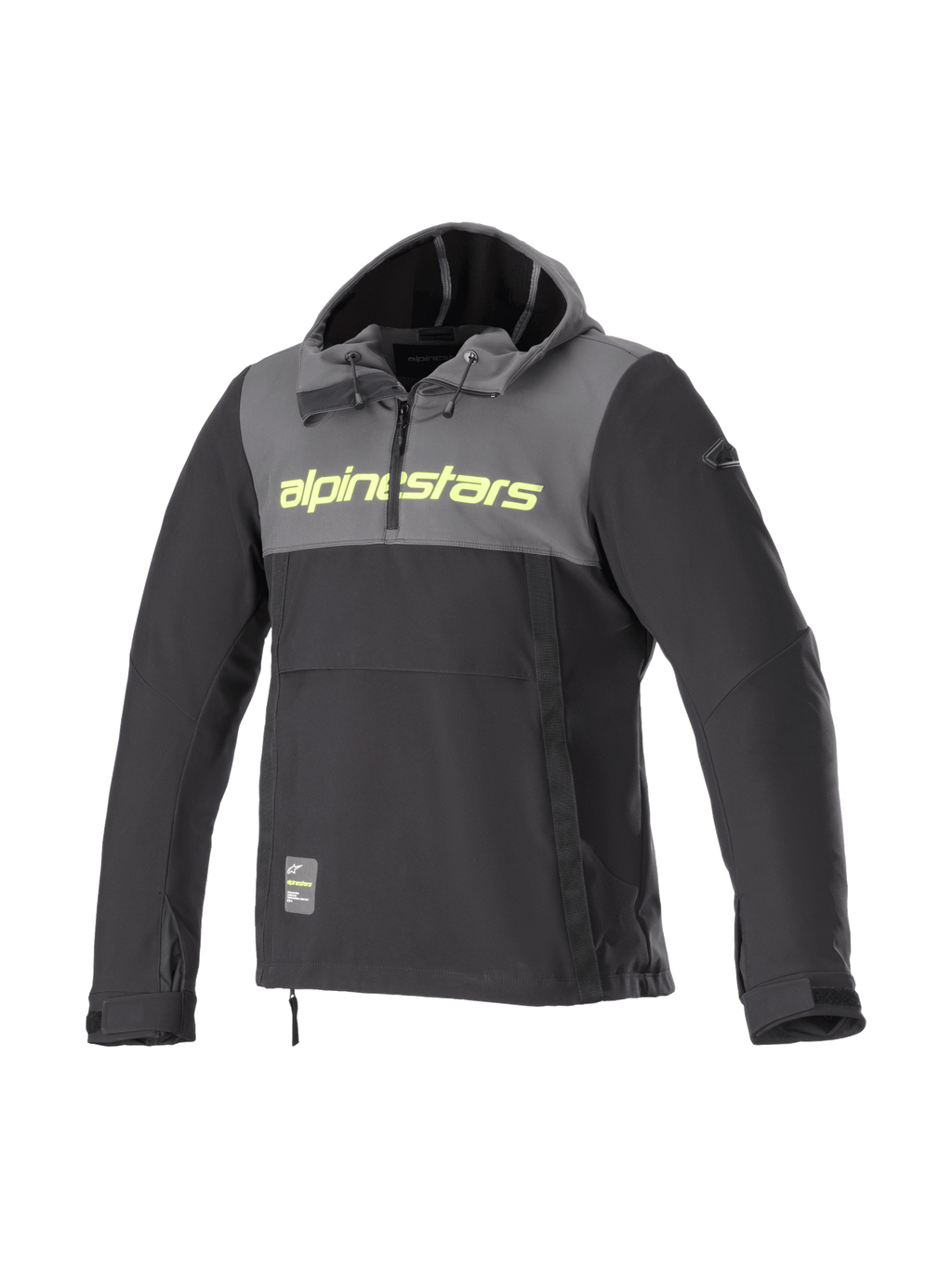 Alpinestars Sherpa Kapuzenjacke, winddichte Softshell-Urban-Motorradjacke für Herren, Grau und Schwarz mit gelbem Fluo-Logo.