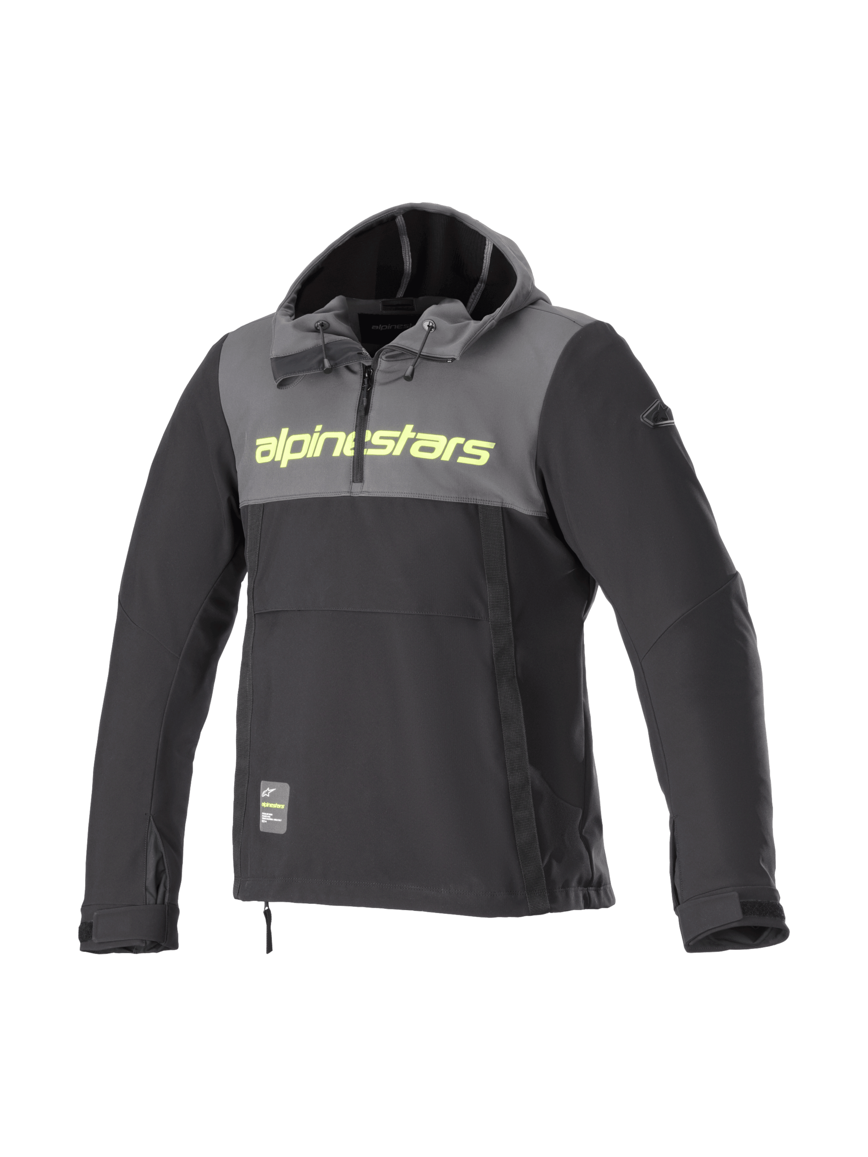 Alpinestars Sherpa Kapuzenjacke, winddichte Softshell-Urban-Motorradjacke für Herren, Grau und Schwarz mit gelbem Fluo-Logo.