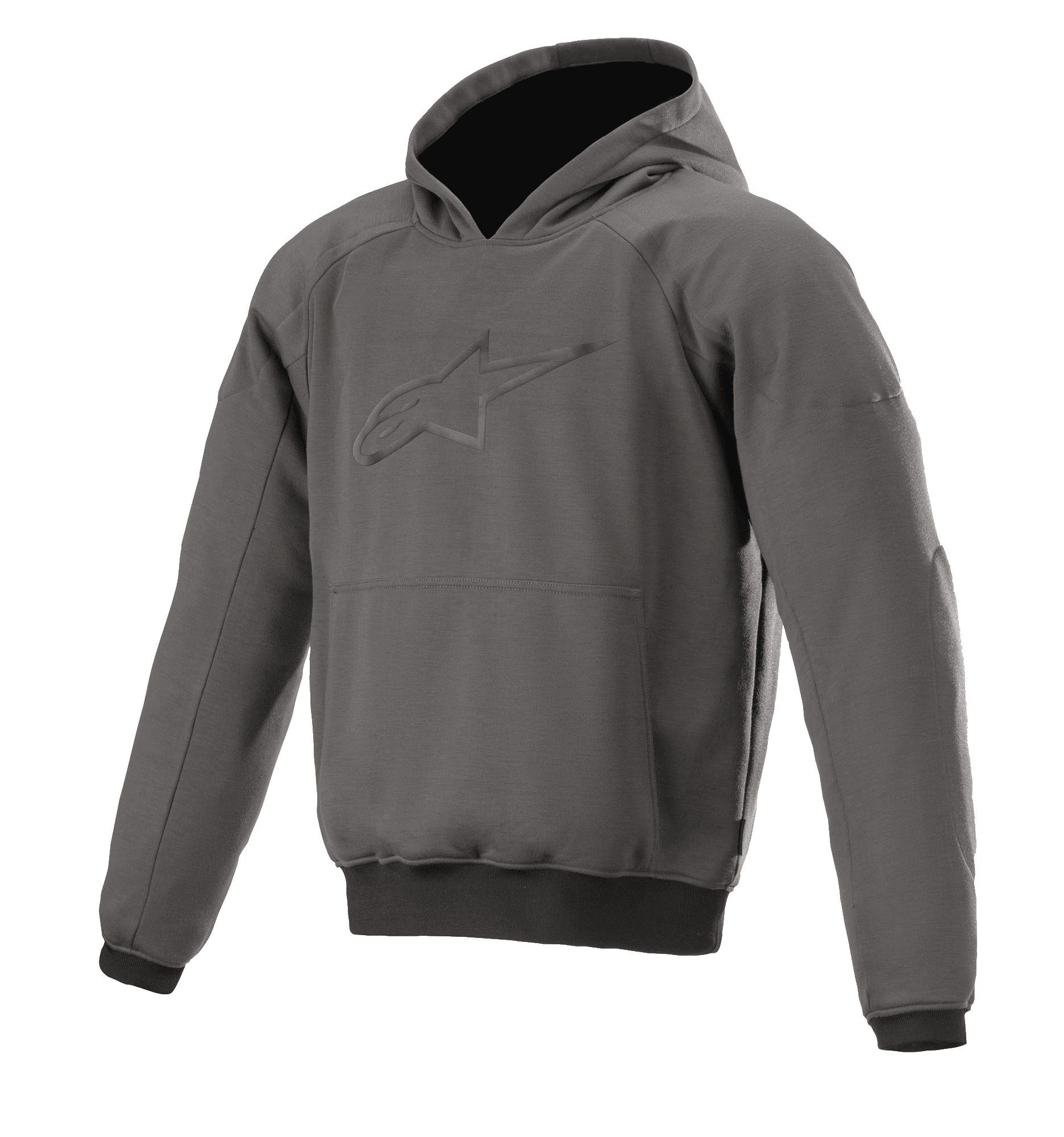 Alpinestars Ageless Hoodie, urbaner Motorrad-Hoodie, Asphalt Melange Grau mit schwarzen Bündchen, geprägtes Stern-Logo auf der Brust, Kängurutasche vorne, schützende Freizeit-Fahrausrüstung