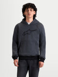 Alpinestars Ageless Hoodie, Herren-Motorrad-Kapuzenjacke in Dunkelgrau und Schwarz, Vorderansicht am Model mit integriertem Nucleon-Schutz