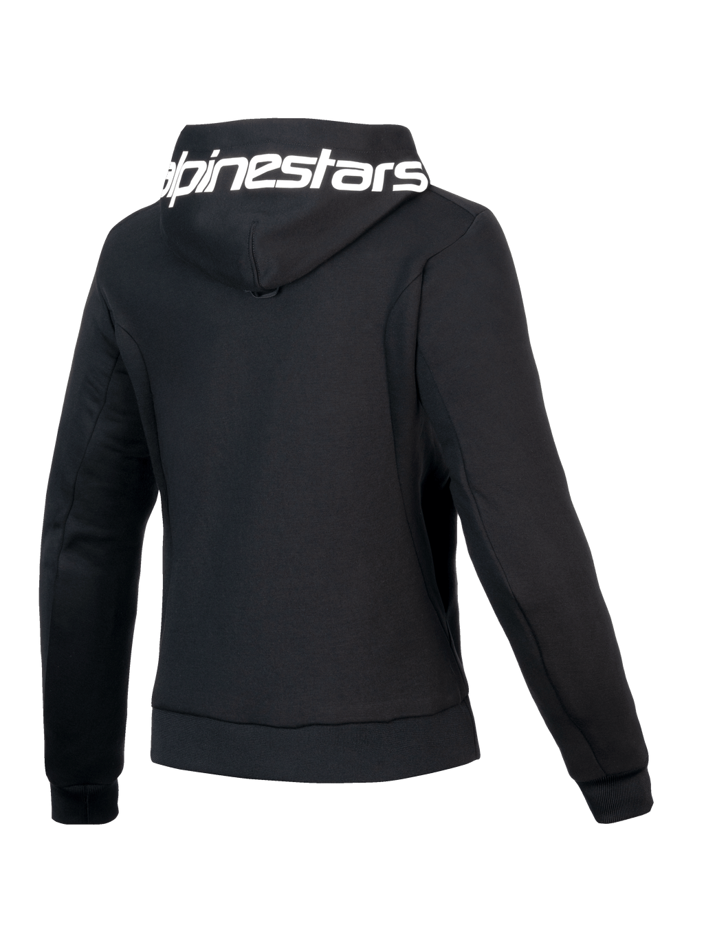 Alpinestars Stella Chrome V2 Sport Hoodie, Women's Motorcycle Hoodie, Black and White, CE Certified Class A, back view showing branded hood and athletic fit