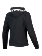 Alpinestars Stella Chrome V2 Sport Hoodie, Women's Motorcycle Hoodie, Black and White, CE Certified Class A, back view showing branded hood and athletic fit