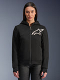 Alpinestars Stella Chrome V2 Sport Hoodie für Damen, schwarzer Motorrad-Kapuzenpullover mit Reißverschluss, weißes Stern-Logo auf der Brust, Tech-Fleece-Konstruktion, Kapuze mit Druckknopf am Kragen, lässige urbane Performance-Ausrüstung