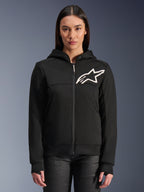 Alpinestars Stella Chrome V2 Sport Hoodie für Damen, schwarzer Motorrad-Kapuzenpullover mit Reißverschluss, weißes Stern-Logo auf der Brust, Tech-Fleece-Konstruktion, Kapuze mit Druckknopf am Kragen, lässige urbane Performance-Ausrüstung
