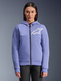 Alpinestars Stella Chrome V2 Sport Hoodie, Women's Motorcycle Hoodie, Blue Violet with white star logo, full-length front zipper, snap-button hood closure, tech fleece material for urban riding, casual protective motorcycle jacket