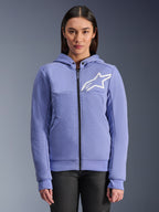 Alpinestars Stella Chrome V2 Sport Hoodie, Women's Motorcycle Hoodie, Blue Violet with white star logo, full-length front zipper, snap-button hood closure, tech fleece material for urban riding, casual protective motorcycle jacket