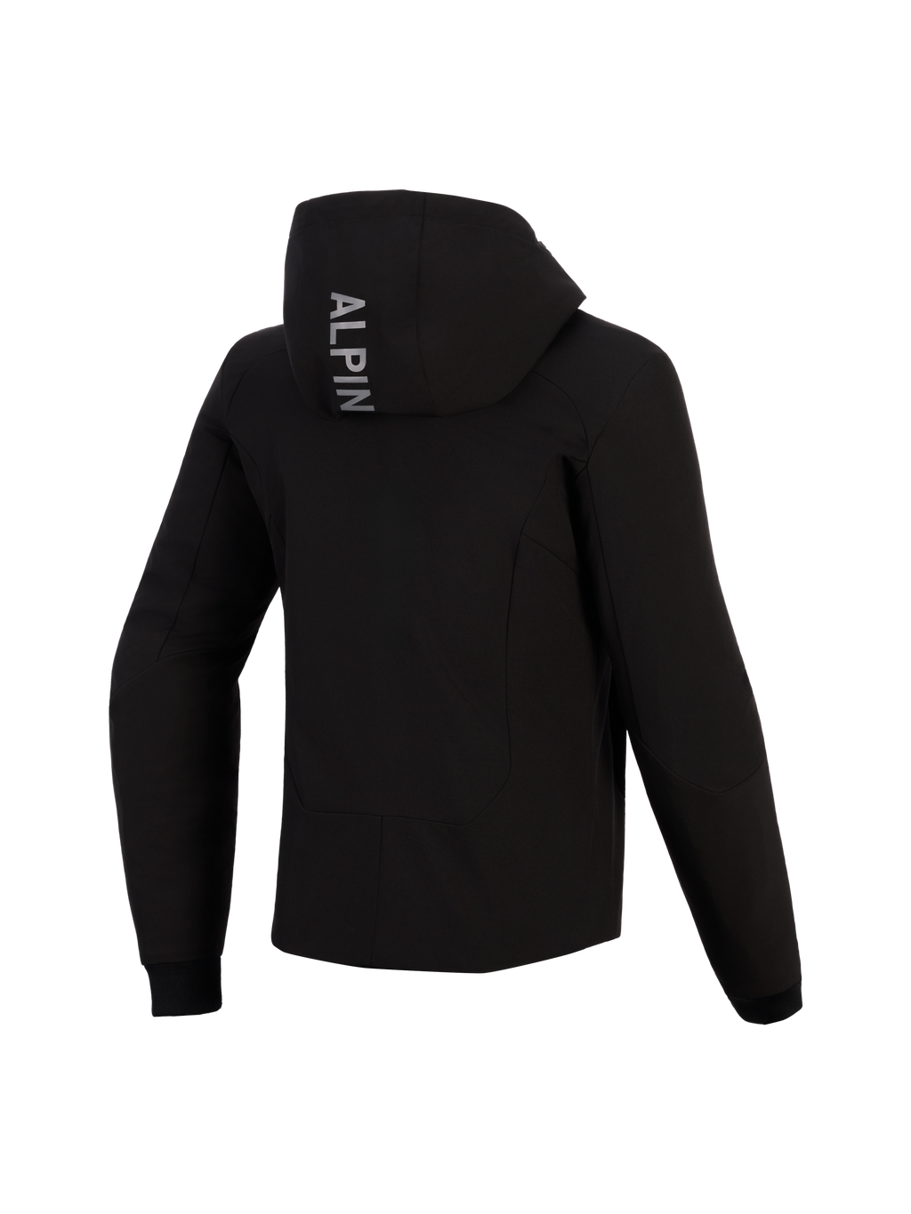 Alpinestars Woman Stella Radium Tech Hoodie, back view, black technical motorcycle hoodie, features vertical 'ALPIN' text on the hood, ribbed stretch cuffs, protective urban riding gear for women