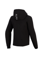 Alpinestars Woman Stella Radium Tech Hoodie, back view, black technical motorcycle hoodie, features vertical 'ALPIN' text on the hood, ribbed stretch cuffs, protective urban riding gear for women
