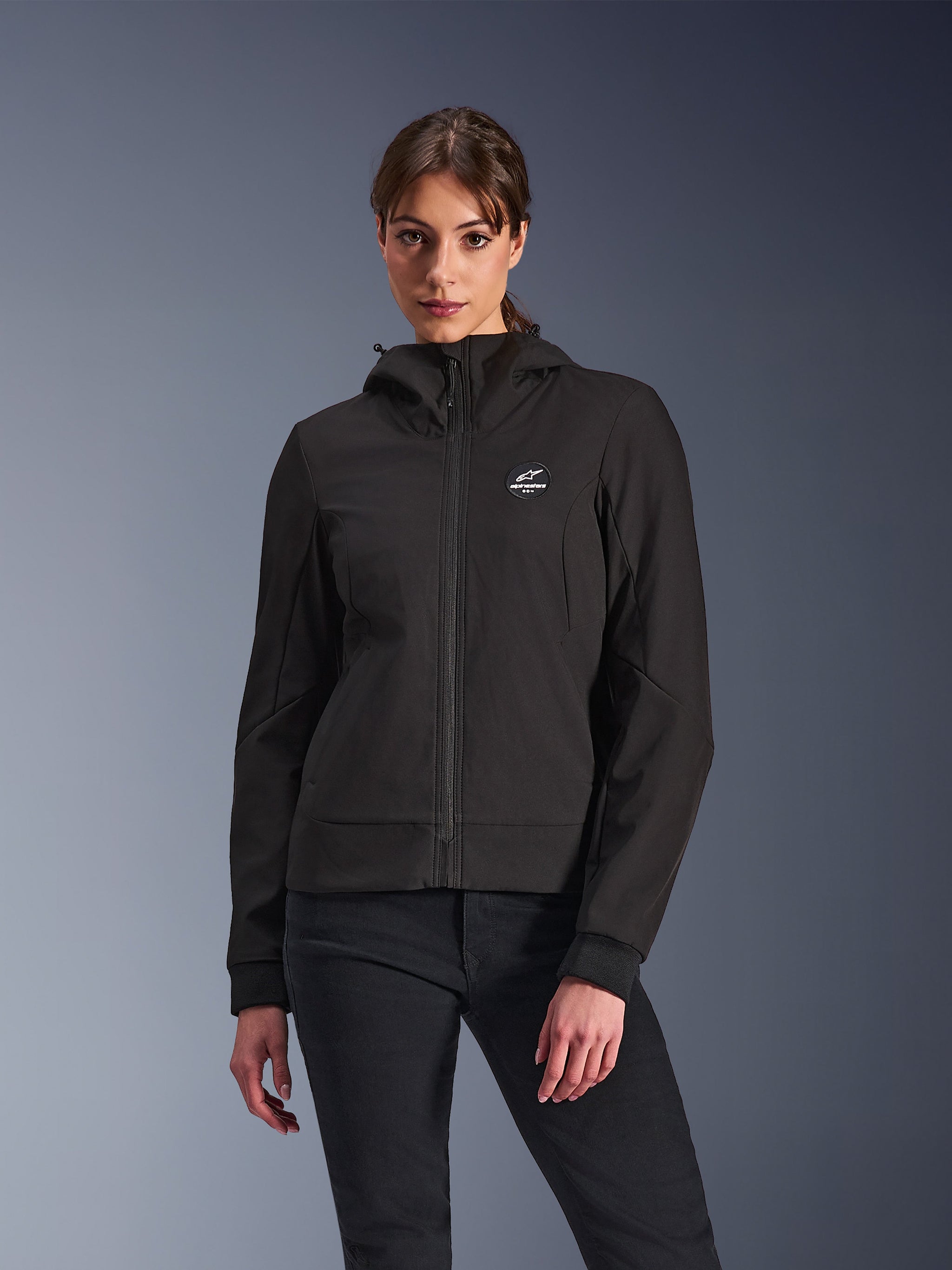 Alpinestars Stella Radium Tech Hoodie, Damen-Motorrad-Kapuzenjacke, Schwarz, mit Reißverschluss und Logo, Freizeitjacke für urbane Mobilität