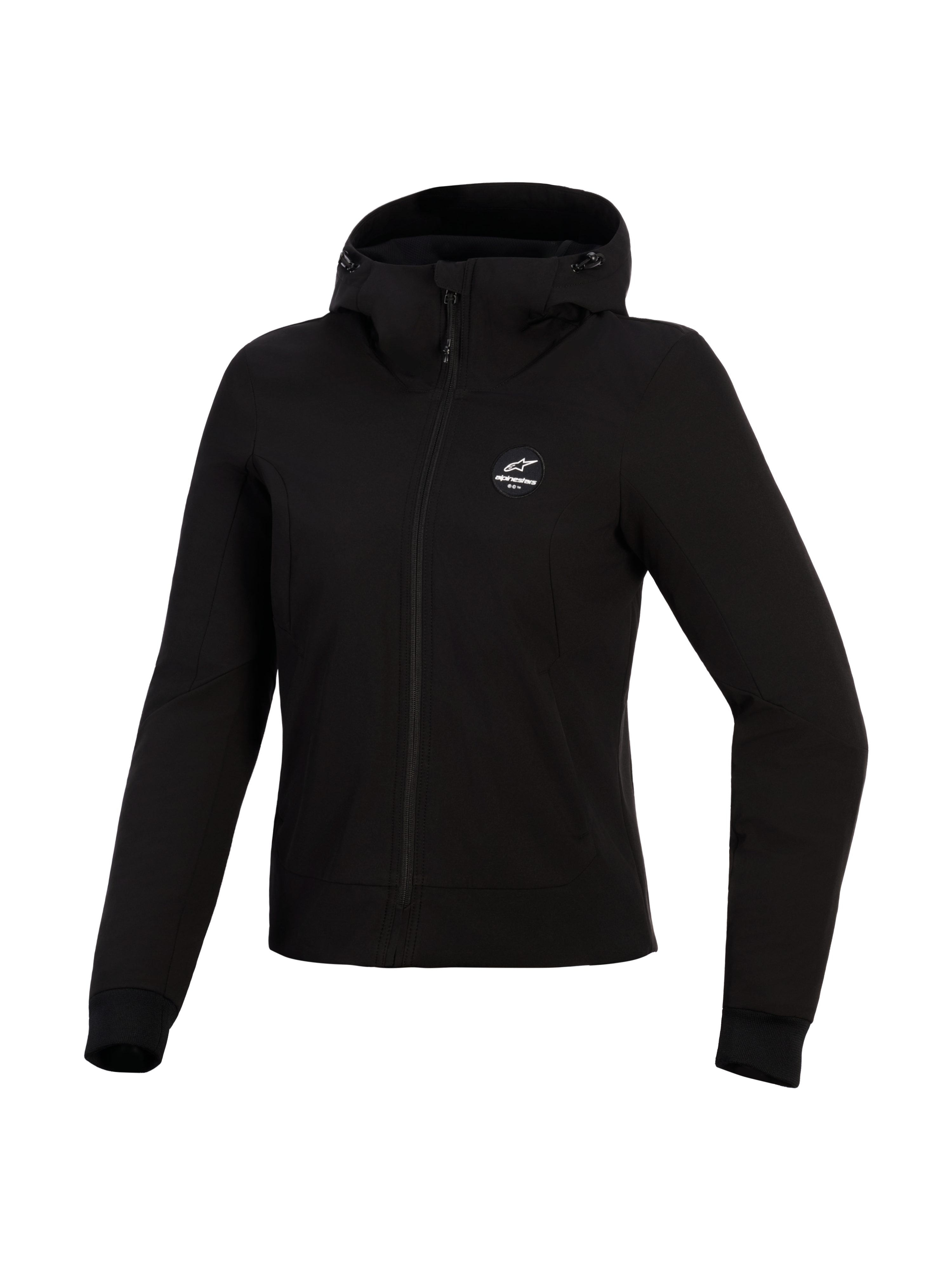 Alpinestars Stella Radium Tech Hoodie, Women's Motorcycle Hoodie, Black, 3-layer windproof tech shell, front view, drawstring hood and ribbed cuffs, urban protective riding apparel