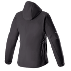 Alpinestars Stella Neo Wasserdichte Kapuzenjacke für Damen, Rückansicht, Schwarz Schwarz, mit technischer Softshell-Konstruktion, abnehmbarer Kapuze, dezentem vertikalen Branding am unteren Rücken und einer stromlinienförmigen, frauenspezifischen Passform für Fahrten in der Stadt.