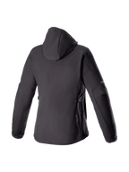Alpinestars Stella Neo Waterproof Hoodie, black women's urban motorcycle jacket in stretch softshell, back view with hood.