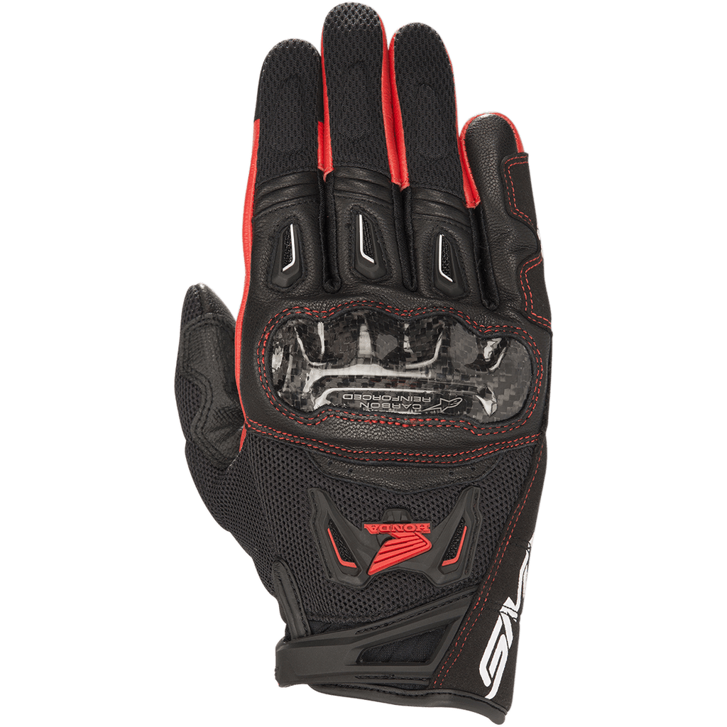 Alpinestars Honda SMX-2 Air Carbon V2 Handschuhe, Motorrad-Sporthandschuhe, Schwarz und Rot, mit Karbon-Knöchelschutz, 3D-Mesh- und Leder-Außenschale, rotem Honda-Flügel-Logo und roten Nähten, Kurzstulpen-Design für Performance-Straßenfahrten.
