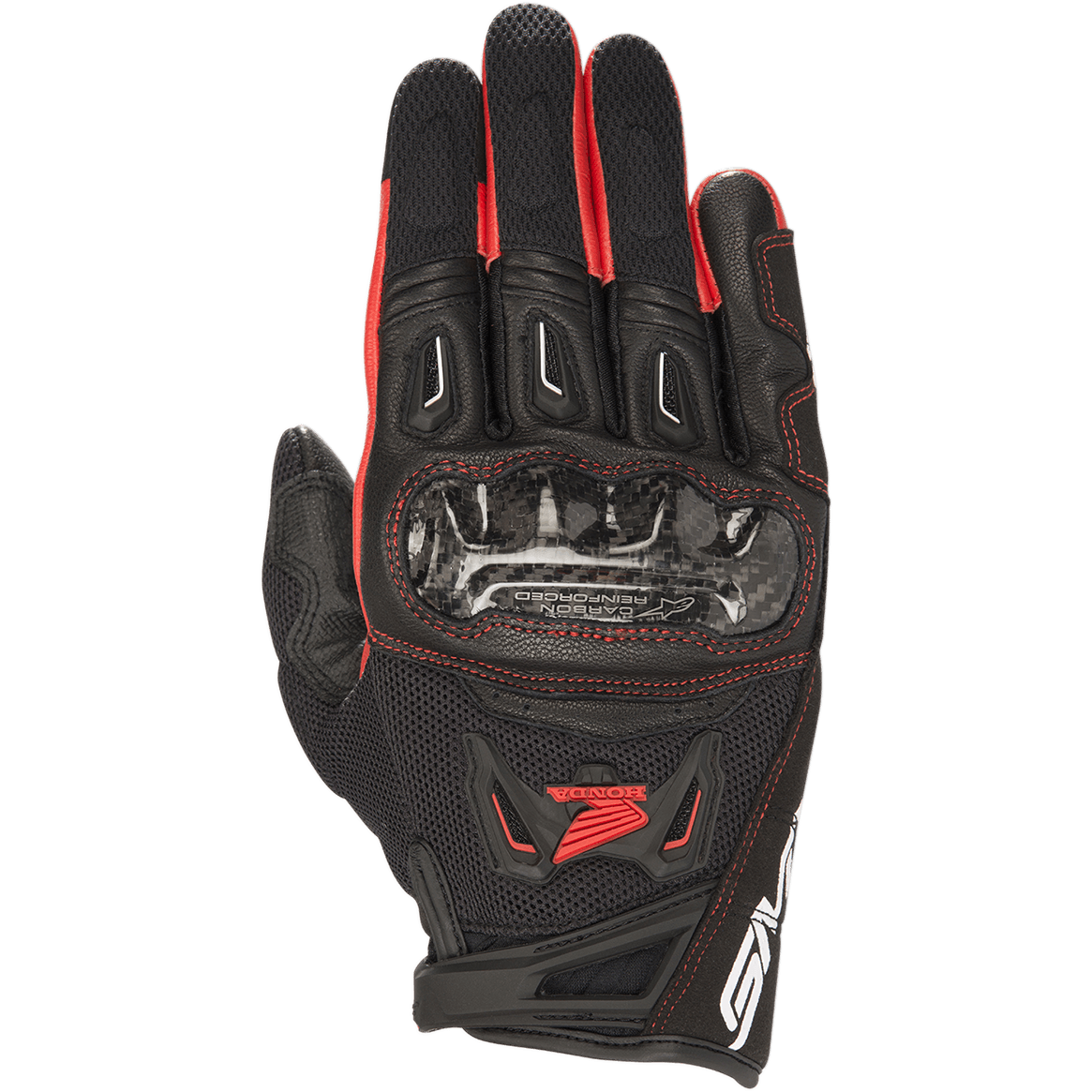 Alpinestars Honda SMX-2 Air Carbon V2 Handschuhe, Motorrad-Sporthandschuhe, Schwarz und Rot, mit Karbon-Knöchelschutz, 3D-Mesh- und Leder-Außenschale, rotem Honda-Flügel-Logo und roten Nähten, Kurzstulpen-Design für Performance-Straßenfahrten.