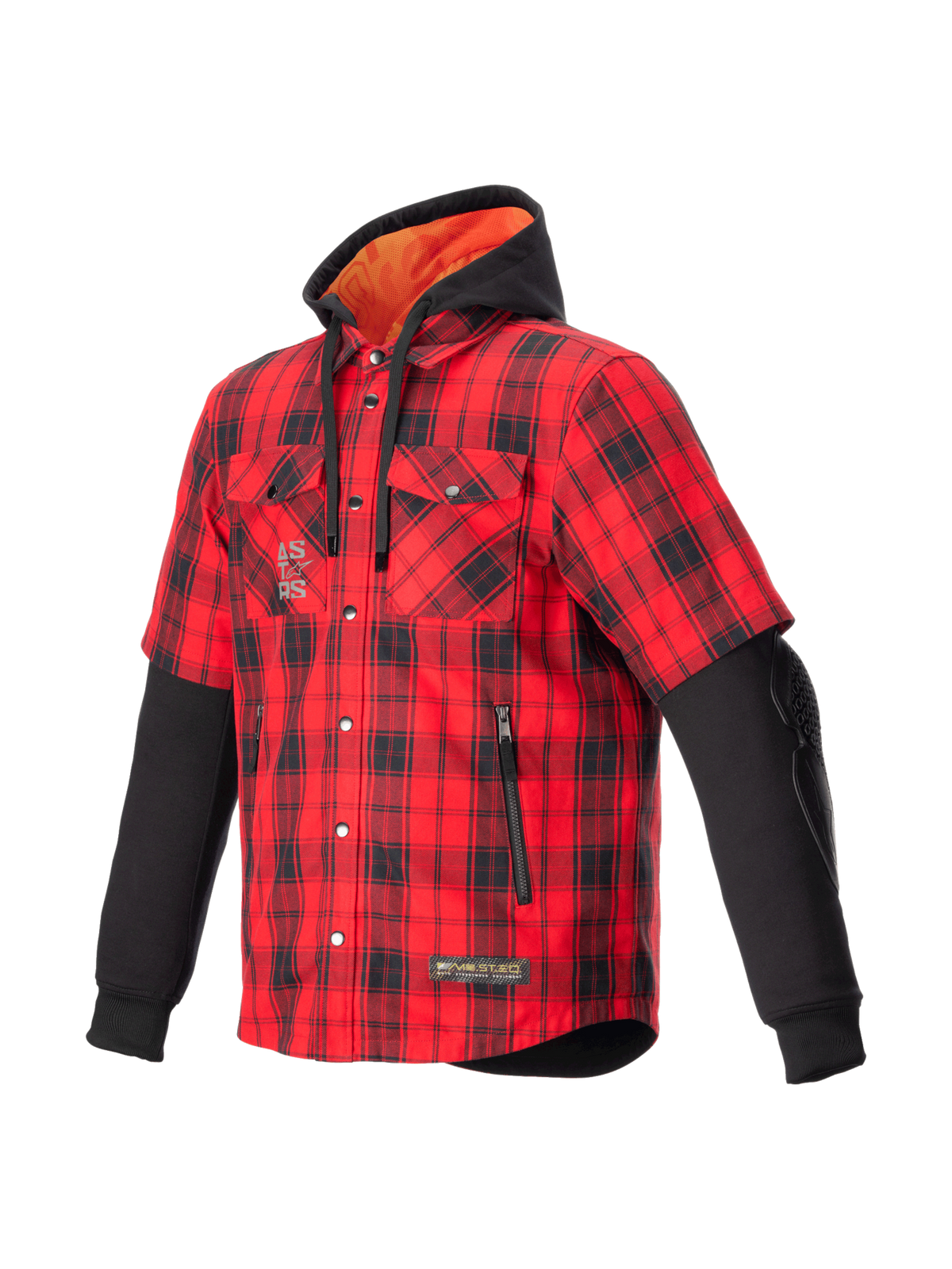 Alpinestars MO.ST.EQ Tartan Hemd, Urban-Motorradjacke für Herren, Rot und Schwarz kariert, CE-zertifizierte Nucleon Flex Plus Protektoren, integrierte Kapuze mit orangefarbenem Innenfutter, Kurzarm-Optik mit langen schwarzen Ärmeln.