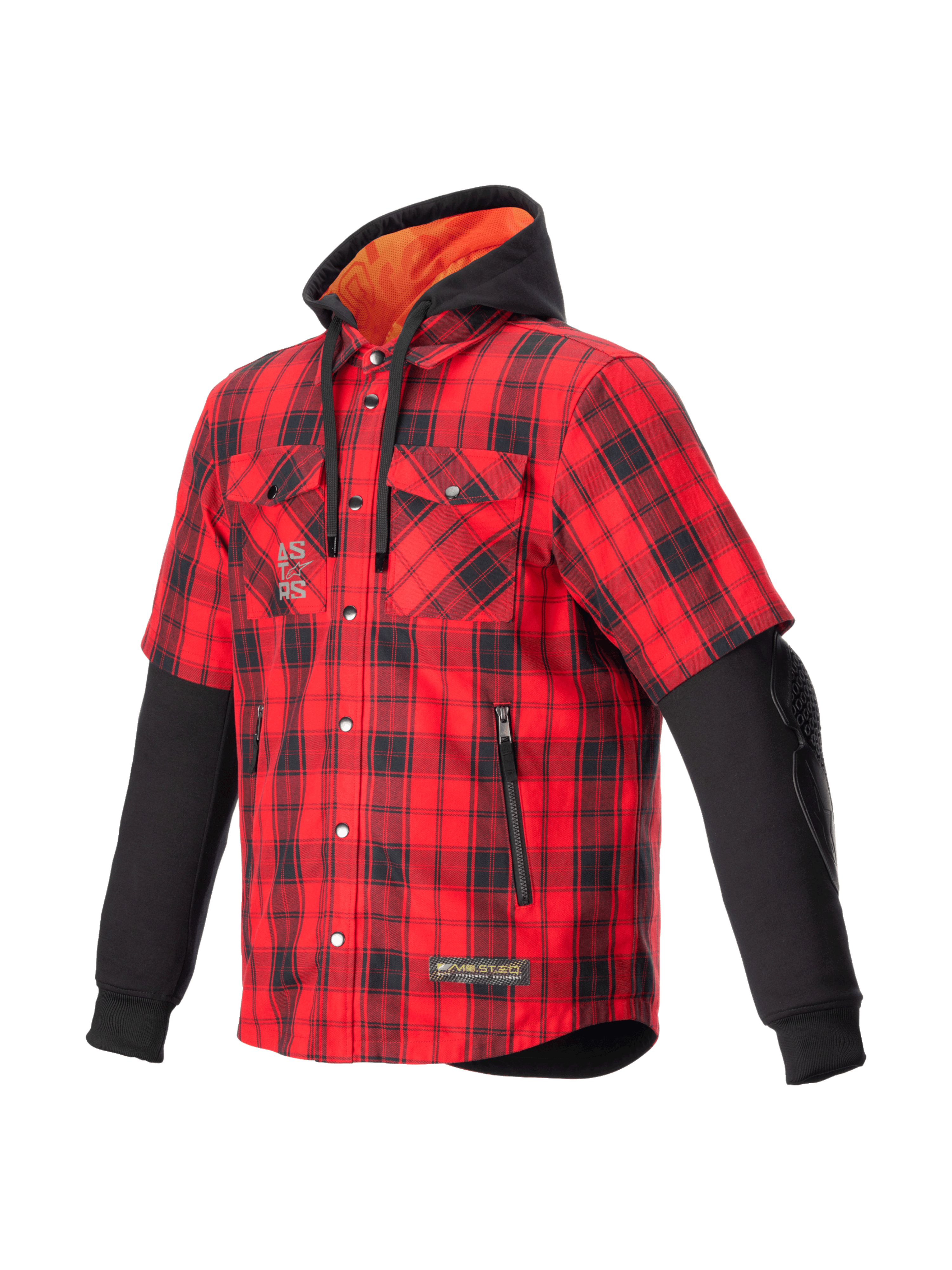 Alpinestars MO.ST.EQ Tartan Hemd, Urban-Motorradjacke für Herren, Rot und Schwarz kariert, CE-zertifizierte Nucleon Flex Plus Protektoren, integrierte Kapuze mit orangefarbenem Innenfutter, Kurzarm-Optik mit langen schwarzen Ärmeln.