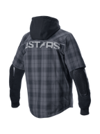 Alpinestars MO.ST.EQ Tartan Shirt in Gray and Black, urban motorcycle riding shirt with exposed armor and a fixed hoodie.