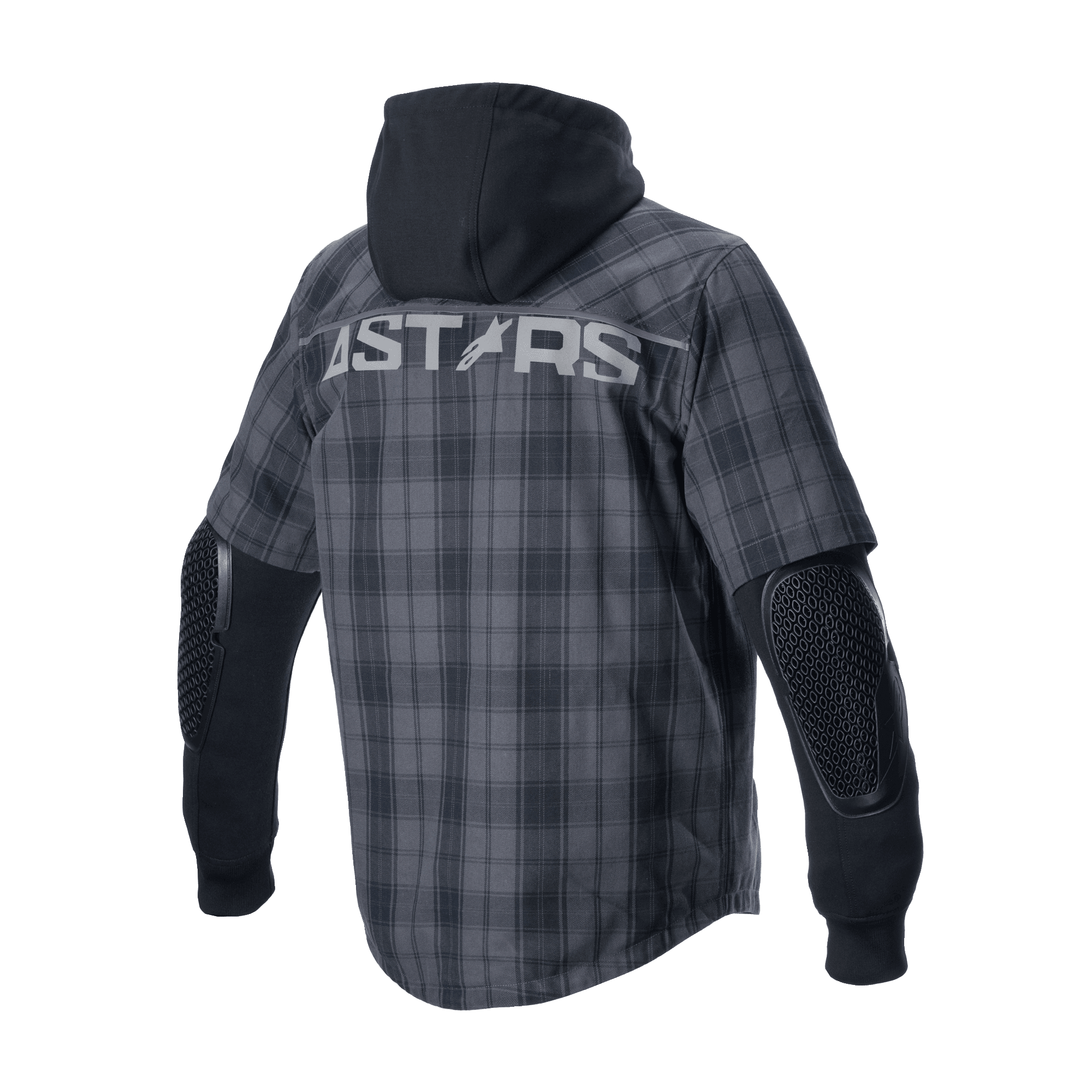 Alpinestars MO.ST.EQ Tartan Shirt, Urban Motorcycle Jacket, Tar Gray Black, back view featuring 'ASTARS' branding across the shoulders, a fixed black hood, and exposed honeycomb elbow armor on long black sleeves