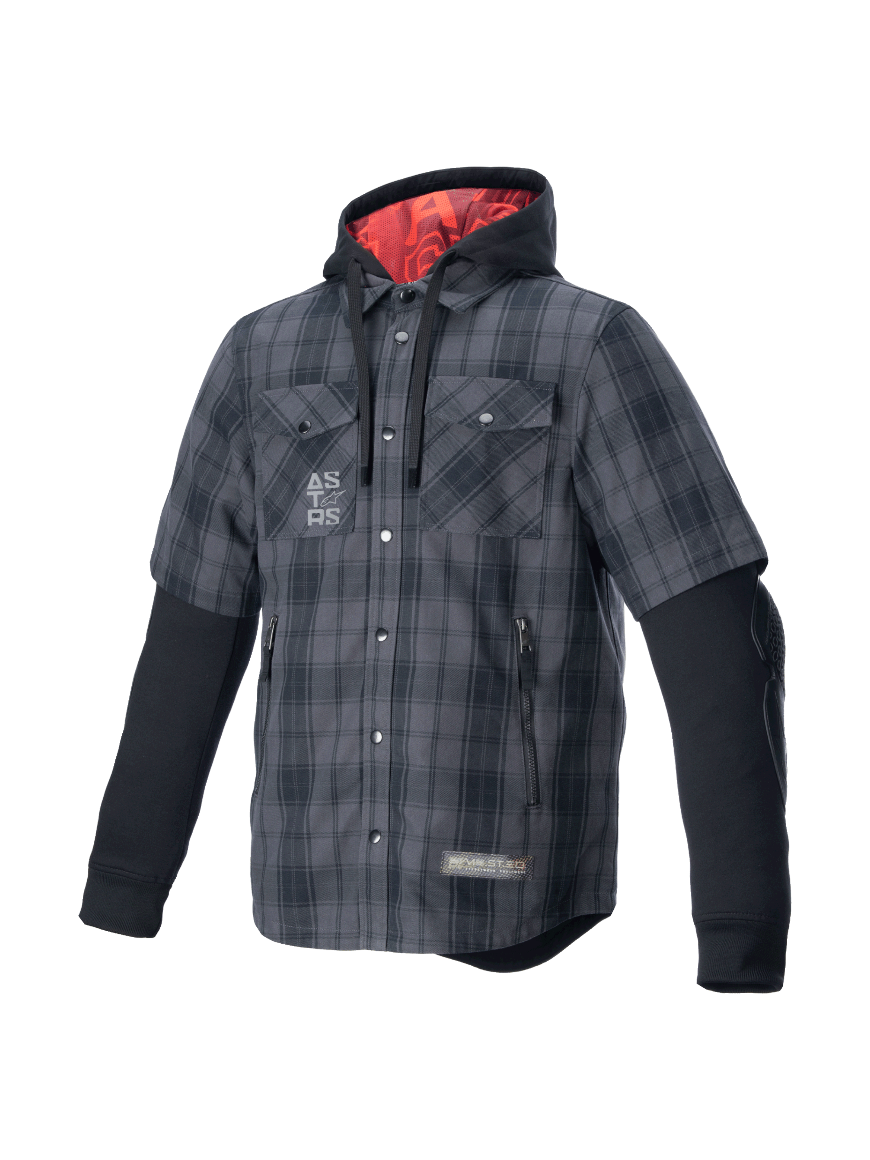 Alpinestars MO.ST.EQ Tartan Hemd, urbanes Motorradhemd, Grau und Schwarz, mit Protektoren und rot gefütterter Kapuze.