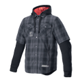Alpinestars MO.ST.EQ Tartan Shirt, protective motorcycle shirt-jacket, Tar Gray Black checkered pattern, short-sleeved plaid outer with integrated black long-sleeved hoodie, red hood lining, chest and hand pockets, casual urban riding apparel