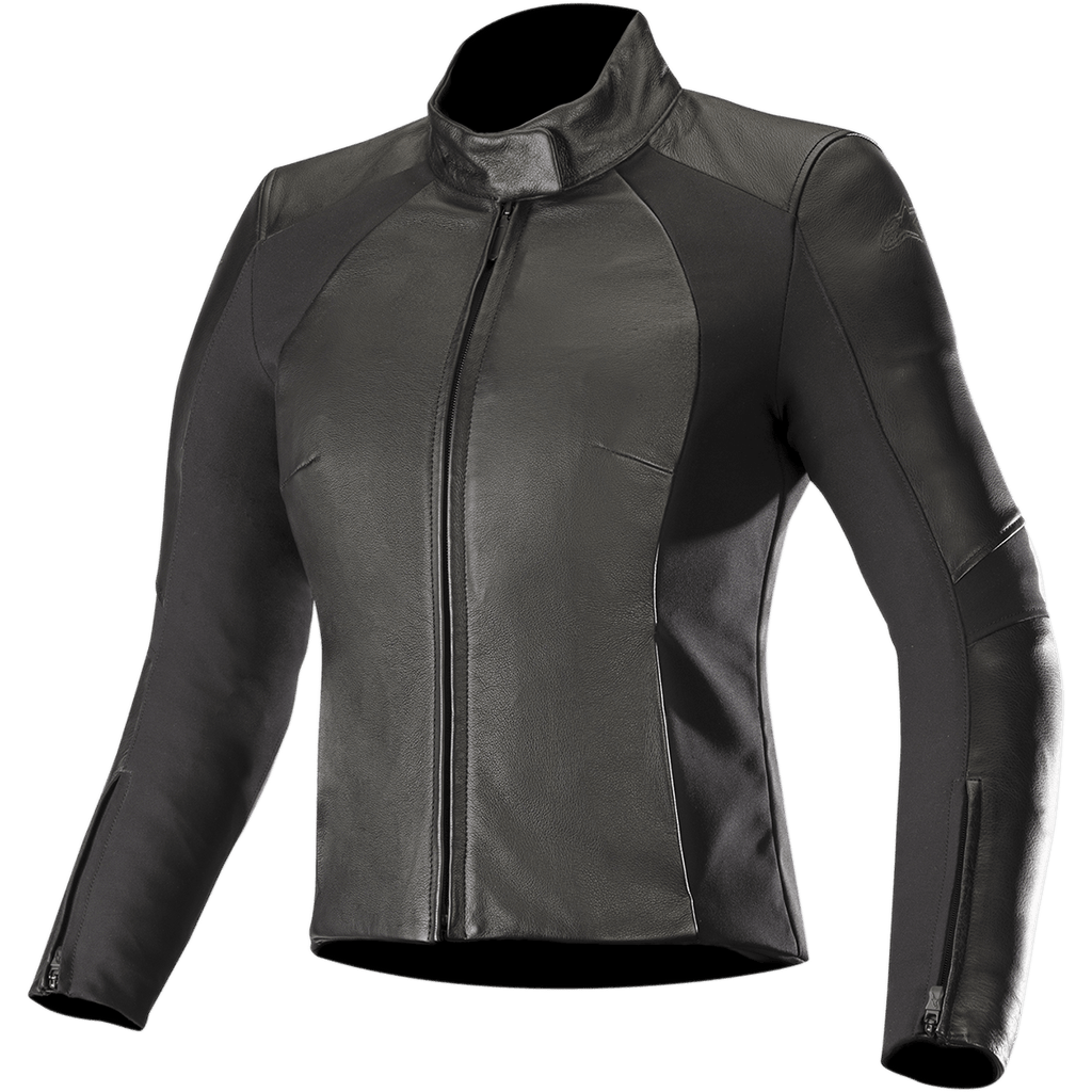 Alpinestars Stella Vika V2 Lederjacke, Damen-Motorradjacke, Schwarz, elegante figurbetonte Passform mit hohem Kragen und Frontreißverschluss, Kombination aus Glattleder und matten Aramid-Stretcheinsätzen an den Seiten, Reißverschlüsse an den Ärmelbündchen, minimalistisches Design für den Straßeneinsatz.