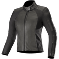Alpinestars Stella Vika V2 Lederjacke, Damen-Motorradjacke, Schwarz, elegante figurbetonte Passform mit hohem Kragen und Frontreißverschluss, Kombination aus Glattleder und matten Aramid-Stretcheinsätzen an den Seiten, Reißverschlüsse an den Ärmelbündchen, minimalistisches Design für den Straßeneinsatz.