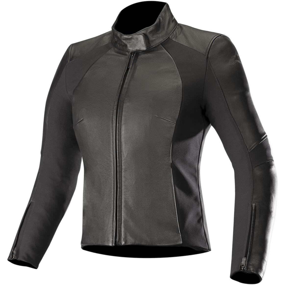 Alpinestars Stella Vika V2 Lederjacke, Damen-Motorradjacke, Schwarz, elegante figurbetonte Passform mit hohem Kragen und Frontreißverschluss, Kombination aus Glattleder und matten Aramid-Stretcheinsätzen an den Seiten, Reißverschlüsse an den Ärmelbündchen, minimalistisches Design für den Straßeneinsatz.