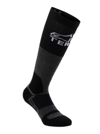 Alpinestars AT-8 Merino Socks, adventure motorcycle riding socks in Tar Gray and Black, featuring thermal merino wool construction and reinforced panels