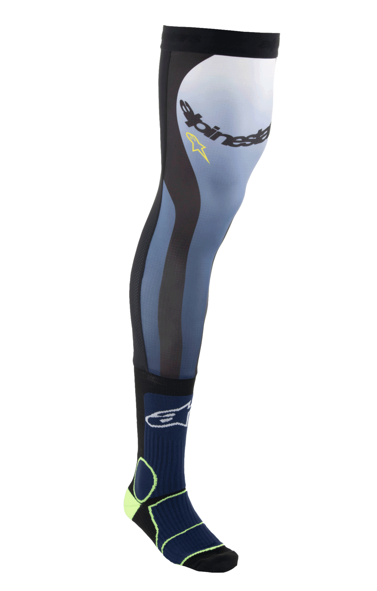Alpinestars Knee Brace Socks, Long Motocross Riding Socks, Night Navy and Yellow Fluo, featuring stretch Lycra upper with mesh inserts, silicone grip hem, and padded ankle support for off-road protection