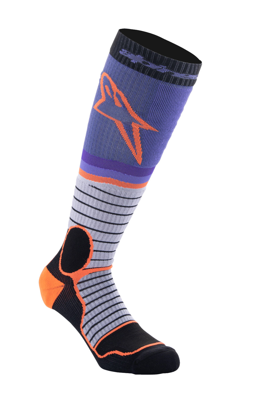 Alpinestars MX Pro Socks V2, Motocross Knee-High Socks, Black, Gray, Purple, and Orange, Ribbed Construction, Horizontal Striped Design, Performance Riding Gear