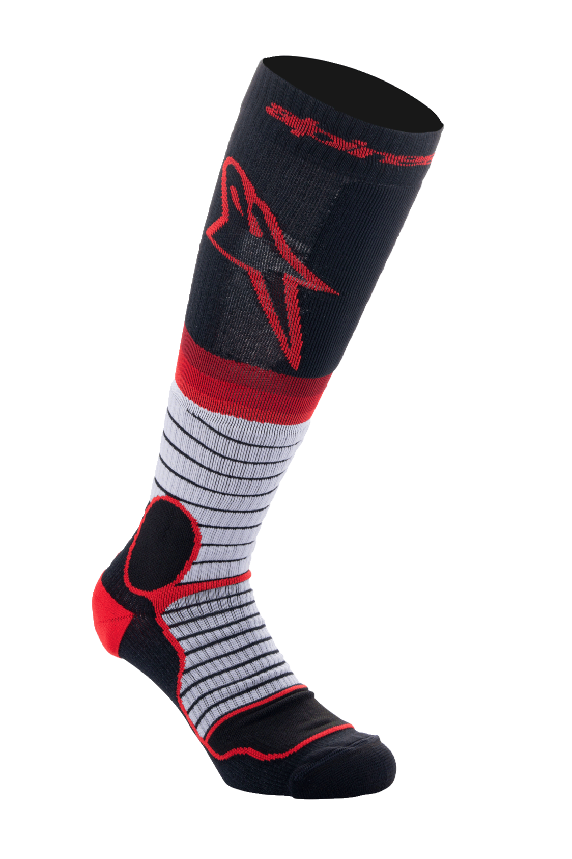 Alpinestars MX Pro Socken V2, kniehohe Motocross-Socken, Schwarz, Grau und Rot, mit rotem Astar-Logo an der Wade, grauem Mittelteil mit dünnen schwarzen horizontalen Streifen und verstärkter roter Polsterung an Ferse und Knöchel, feuchtigkeitsableitende Performance-Socken für das Offroad-Fahren.