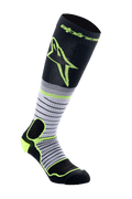 Alpinestars MX Pro Socks V2, Motocross Riding Socks, Black Gray and Yellow Fluo, knee-high with horizontal stripe design and large yellow logo, featuring reinforced padding for off-road motorcycle boots.