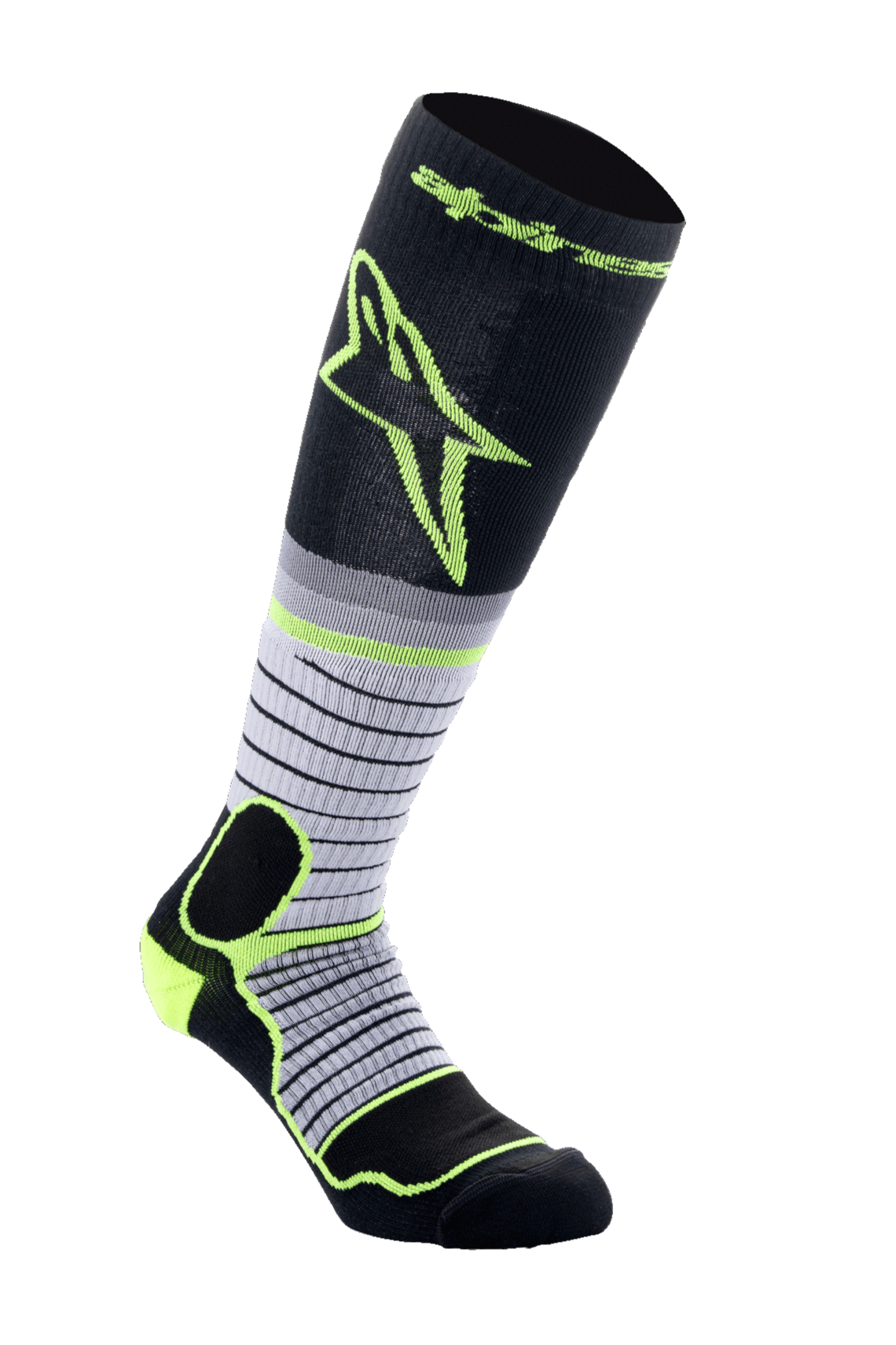 Alpinestars MX Pro Socks V2, Motocross Riding Socks, Black Gray and Yellow Fluo, knee-high with horizontal stripe design and large yellow logo, featuring reinforced padding for off-road motorcycle boots.