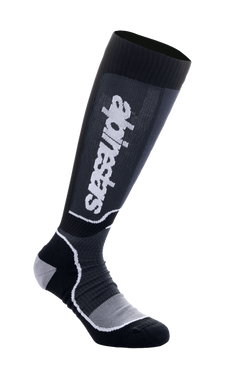 Alpinestars MX Plus Socken, Motocross-Kniestrümpfe, Schwarz und Grau, weißes Logo, mit gerippter Wadenunterstützung, verstärkter Ferse und Zehenbereich und atmungsaktivem Mesh-Fußbereich, technisches Performance-Design für Offroad-Stiefel