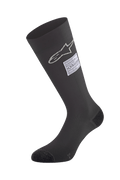 Alpinestars ZX V4 Socken, schwarze Auto-Rennsocken, mit weißem Stern-Logo und FIA-Zertifizierungsetikett, kniehohes nahtloses Design mit verstärktem Zehen- und Fersenbereich, feuerhemmende Basisschicht für den Motorsport