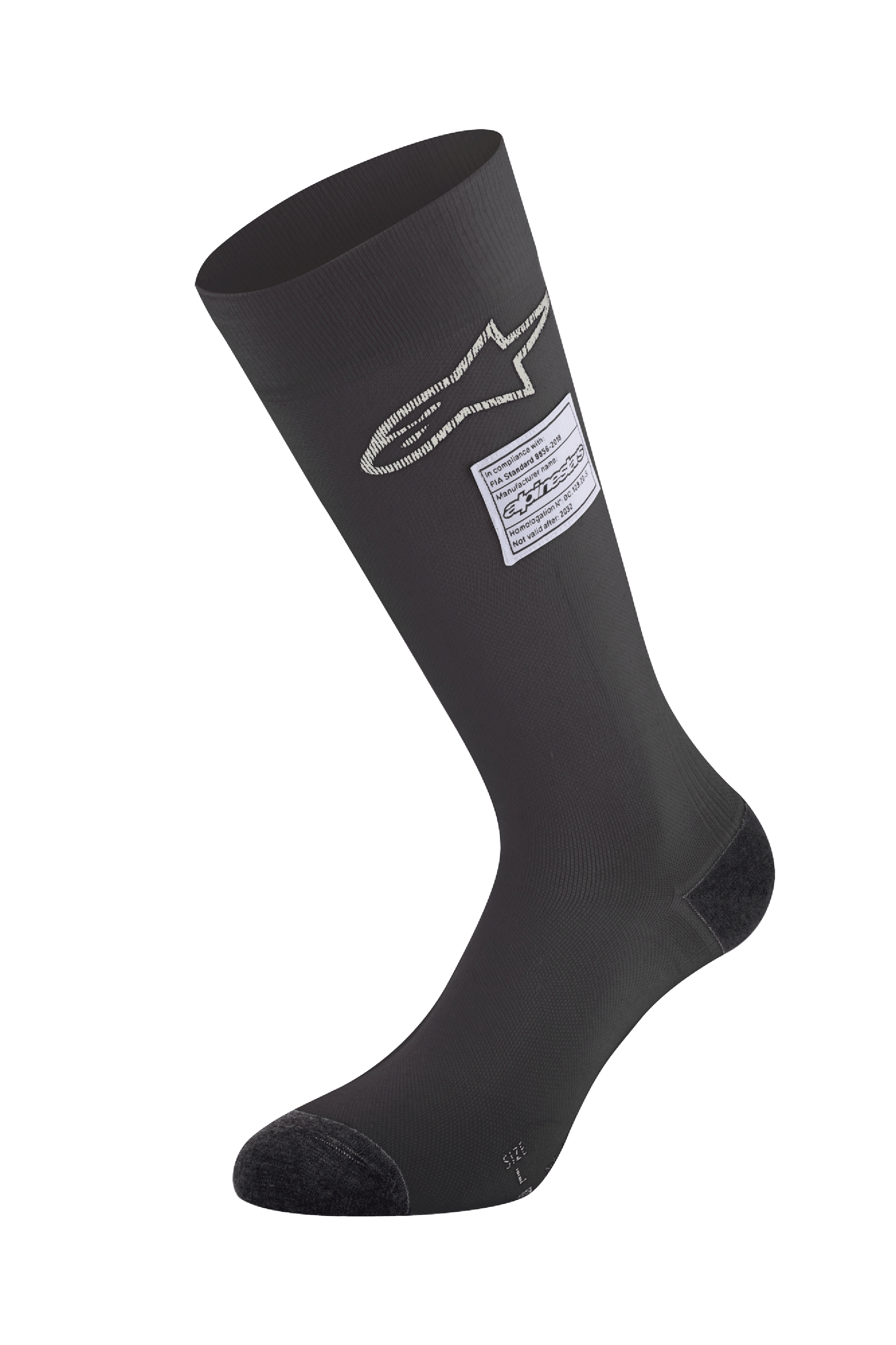 Alpinestars ZX V4 Socken, schwarze Auto-Rennsocken, mit weißem Stern-Logo und FIA-Zertifizierungsetikett, kniehohes nahtloses Design mit verstärktem Zehen- und Fersenbereich, feuerhemmende Basisschicht für den Motorsport