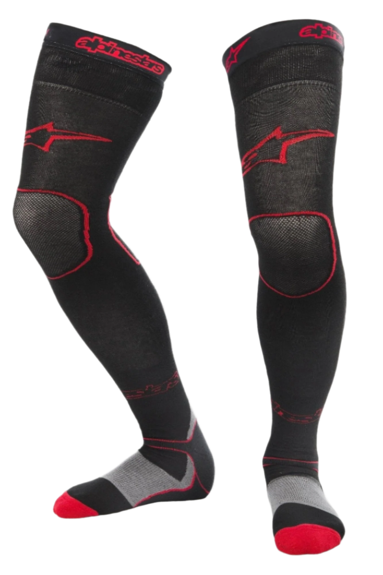 Alpinestars MX Long Tech Dicke Socken, Motocross-Fahrsocken, Schwarz und Rot, Oberschenkellänge mit rotem Branding, graue und rote Sohlendetails, technisches Gewebe für Offroad-Rennsport und Dirt-Bike-Stiefel