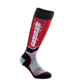 Alpinestars Youth MX Plus Socken, Motocross-Socken, Schwarz, Grau und Rot, mit vertikalem weißem Logo auf rotem Schienbein-Panel, technische einlagige Konstruktion mit atmungsaktiven Mesh-Zonen, entwickelt für Offroad-Motorradstiefel