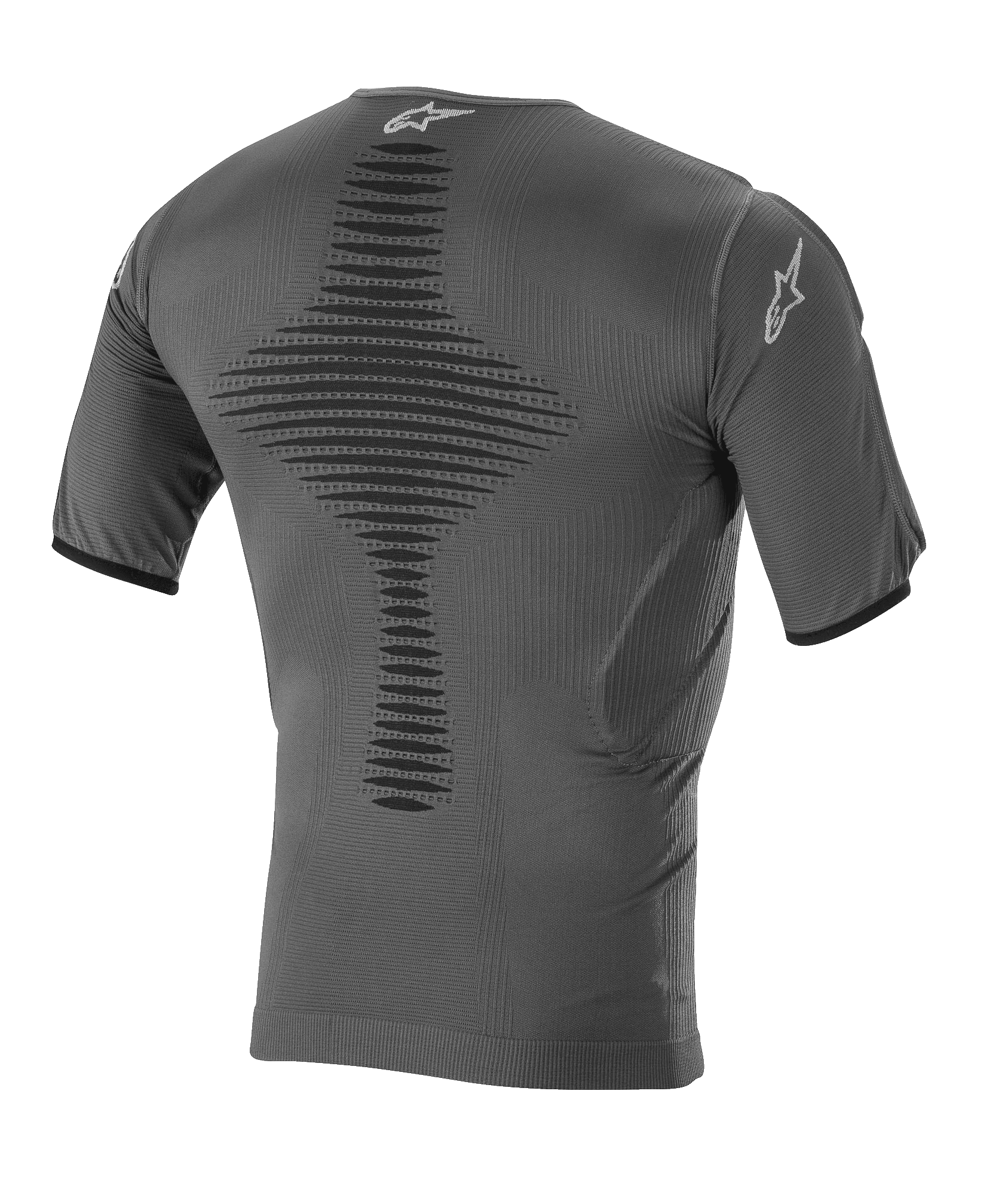 Alpinestars Roost Base Layer Top, Motocross Base Layer, Anthracite Black, back view featuring knitted breathable construction, textured central ventilation zone, short sleeves, and Alpinestars star logo on the collar and sleeve