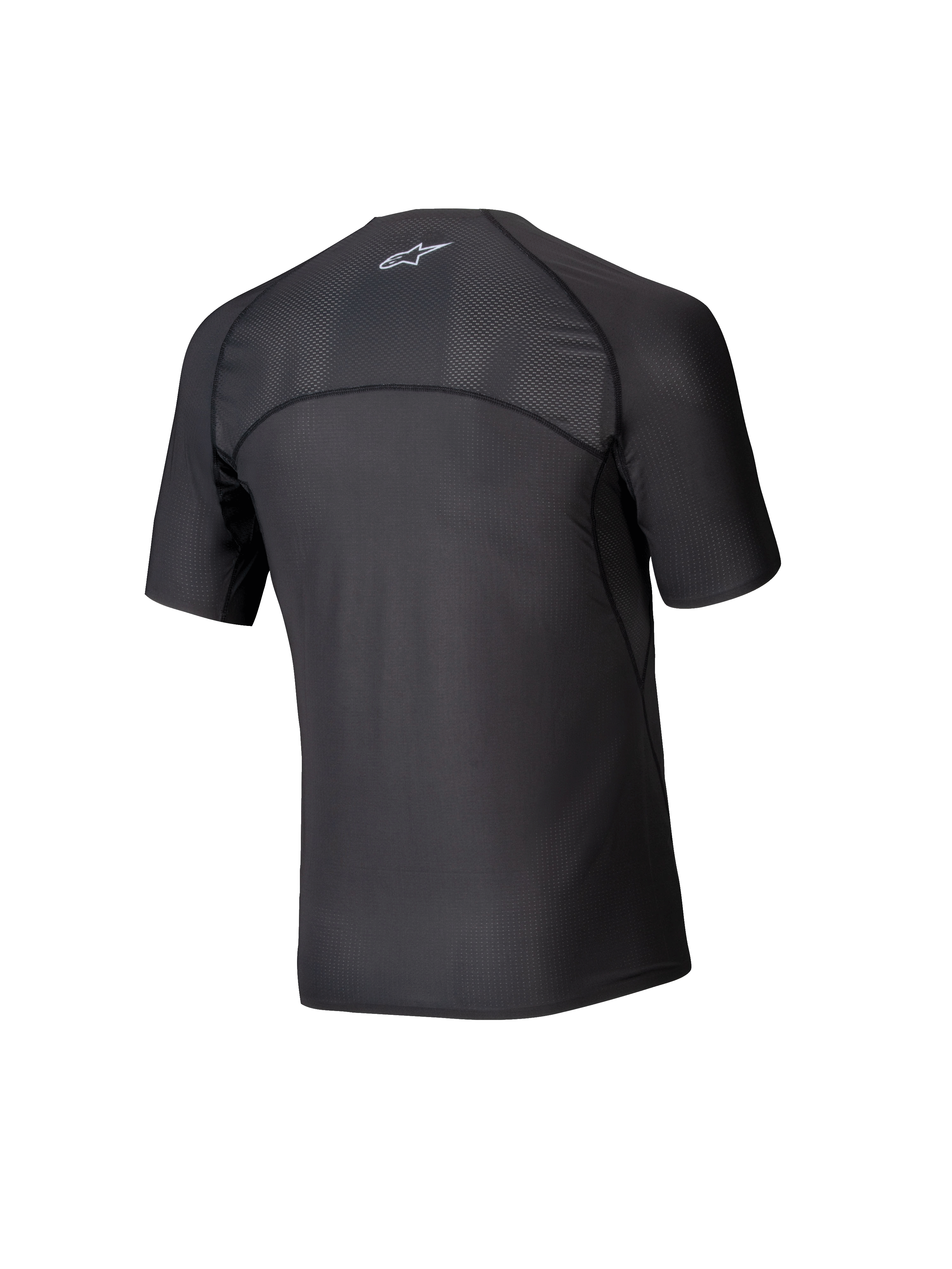 Alpinestars Tech KX Sim Top, Kurzarm-Karting-Baselayer, Schwarz, Rückansicht mit atmungsaktiven Mesh-Einsätzen an den Schultern und am oberen Rücken, ergonomische Nahtkonstruktion, feuchtigkeitsableitendes Funktionsgewebe