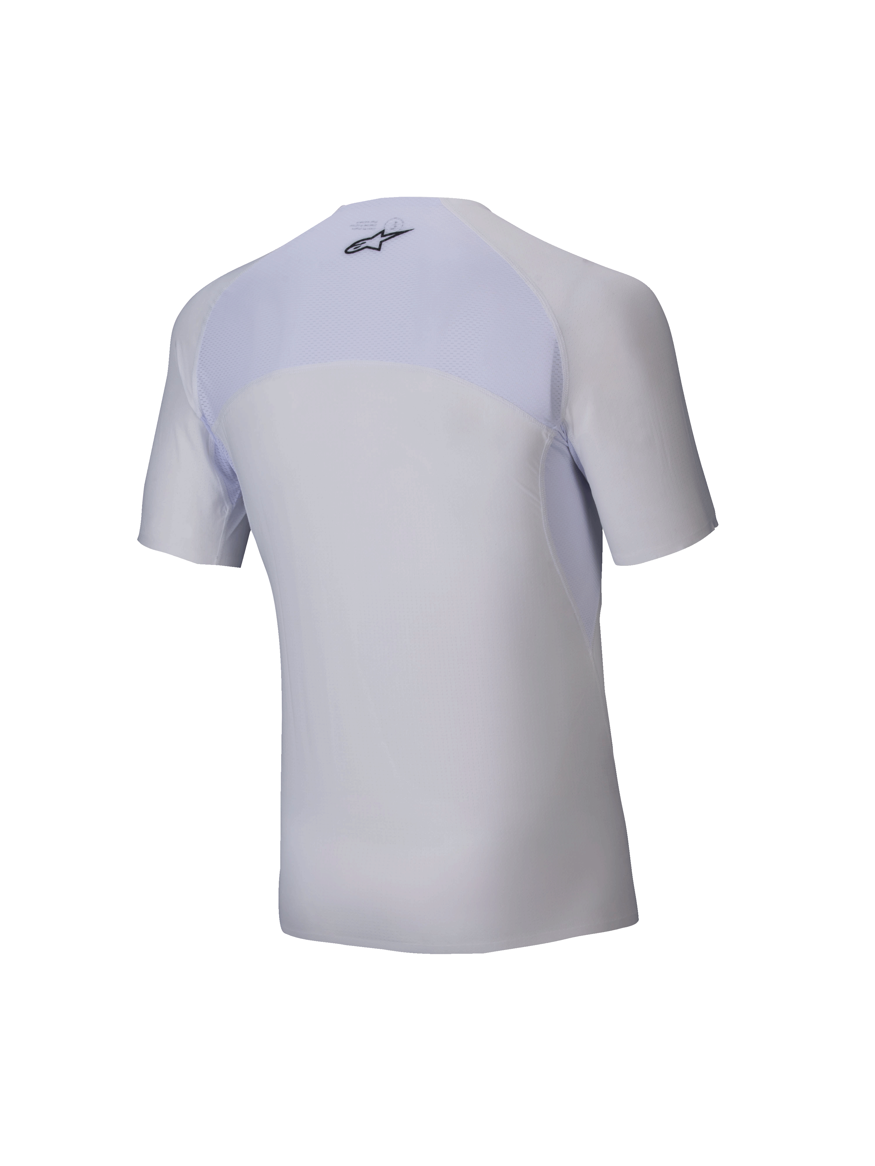 Alpinestars Tech KX Sim Top – Kurzarm, weißer Karting-Baselayer, Rückansicht, atmungsaktiver Mesh-Einsatz am oberen Rücken, schwarzes Alpinestars-Logo im Nacken, ergonomisches Stretchmaterial für Racing-Performance
