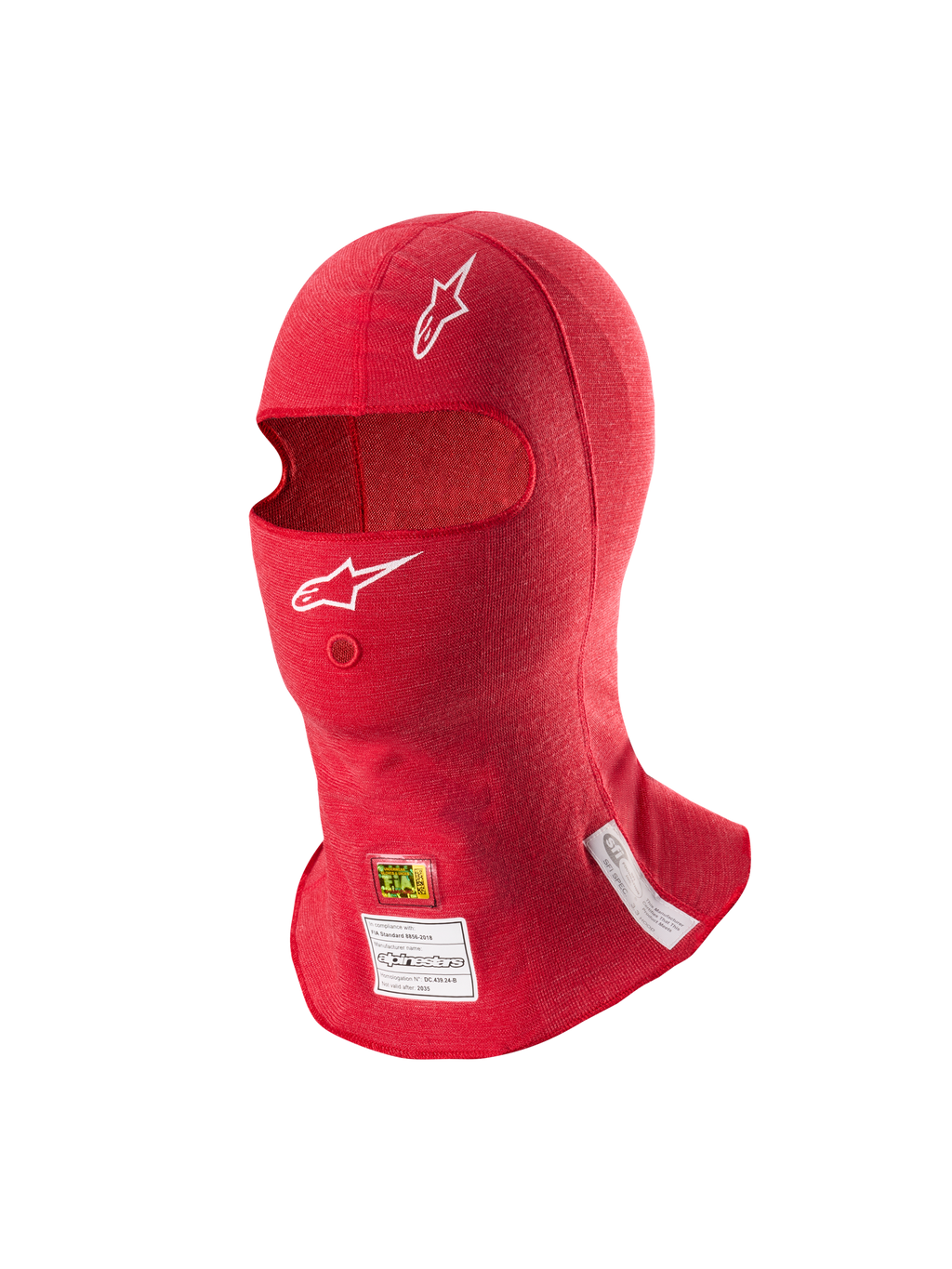 Alpinestars ZX Evo V3 Sturmhaube, Rot, flammhemmende Kopfhaube für den Autorennsport, mit weißen Astars-Logos, Trinkschlauchöffnung sowie FIA- und SFI-Zertifizierungsetiketten am unteren Rand.