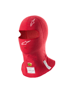 Alpinestars ZX Evo V3 Sturmhaube, Rot, flammhemmende Kopfhaube für den Autorennsport, mit weißen Astars-Logos, Trinkschlauchöffnung sowie FIA- und SFI-Zertifizierungsetiketten am unteren Rand.