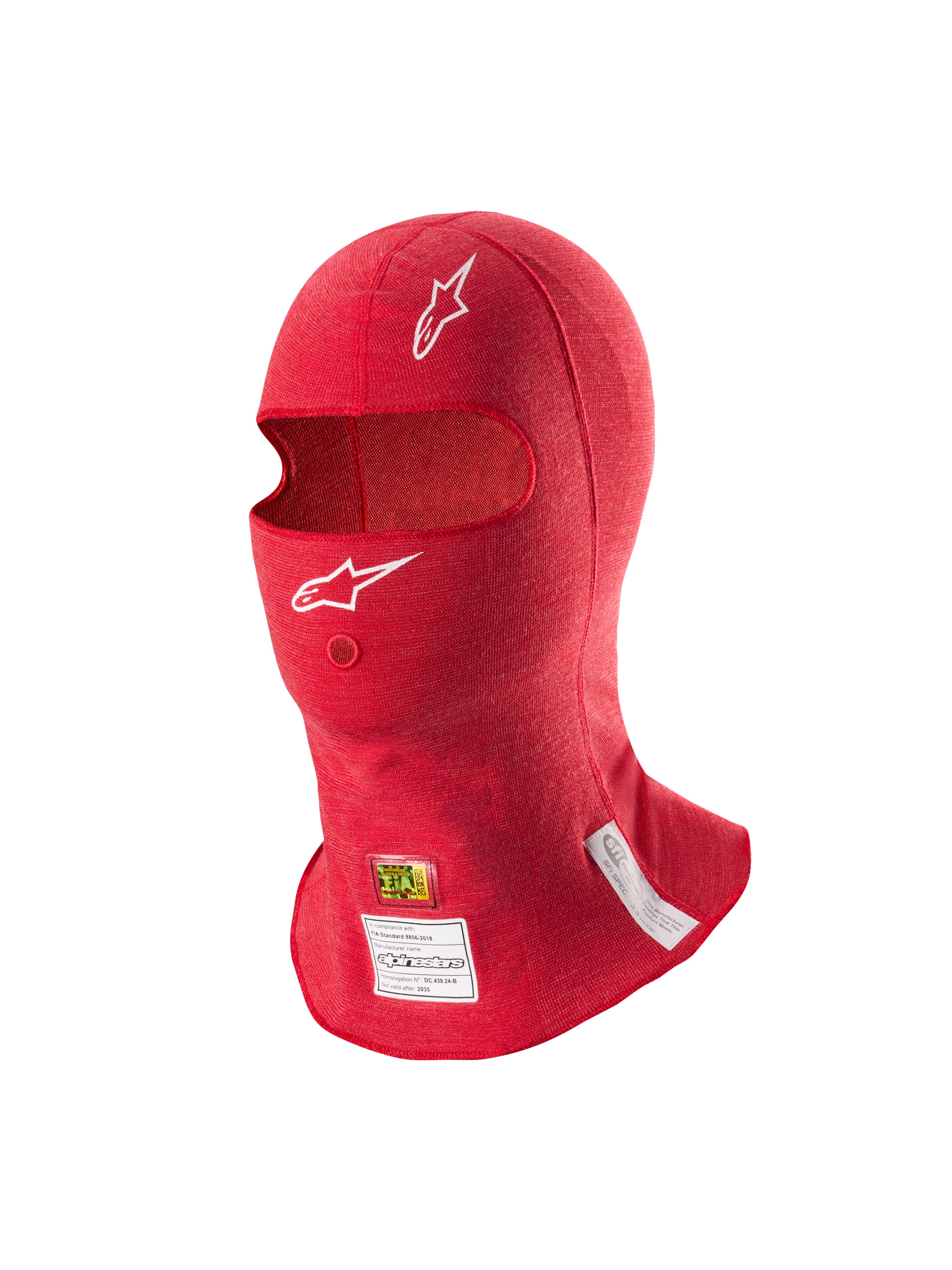 Alpinestars ZX Evo V3 Sturmhaube, Rot, flammhemmende Kopfhaube für den Autorennsport, mit weißen Astars-Logos, Trinkschlauchöffnung sowie FIA- und SFI-Zertifizierungsetiketten am unteren Rand.
