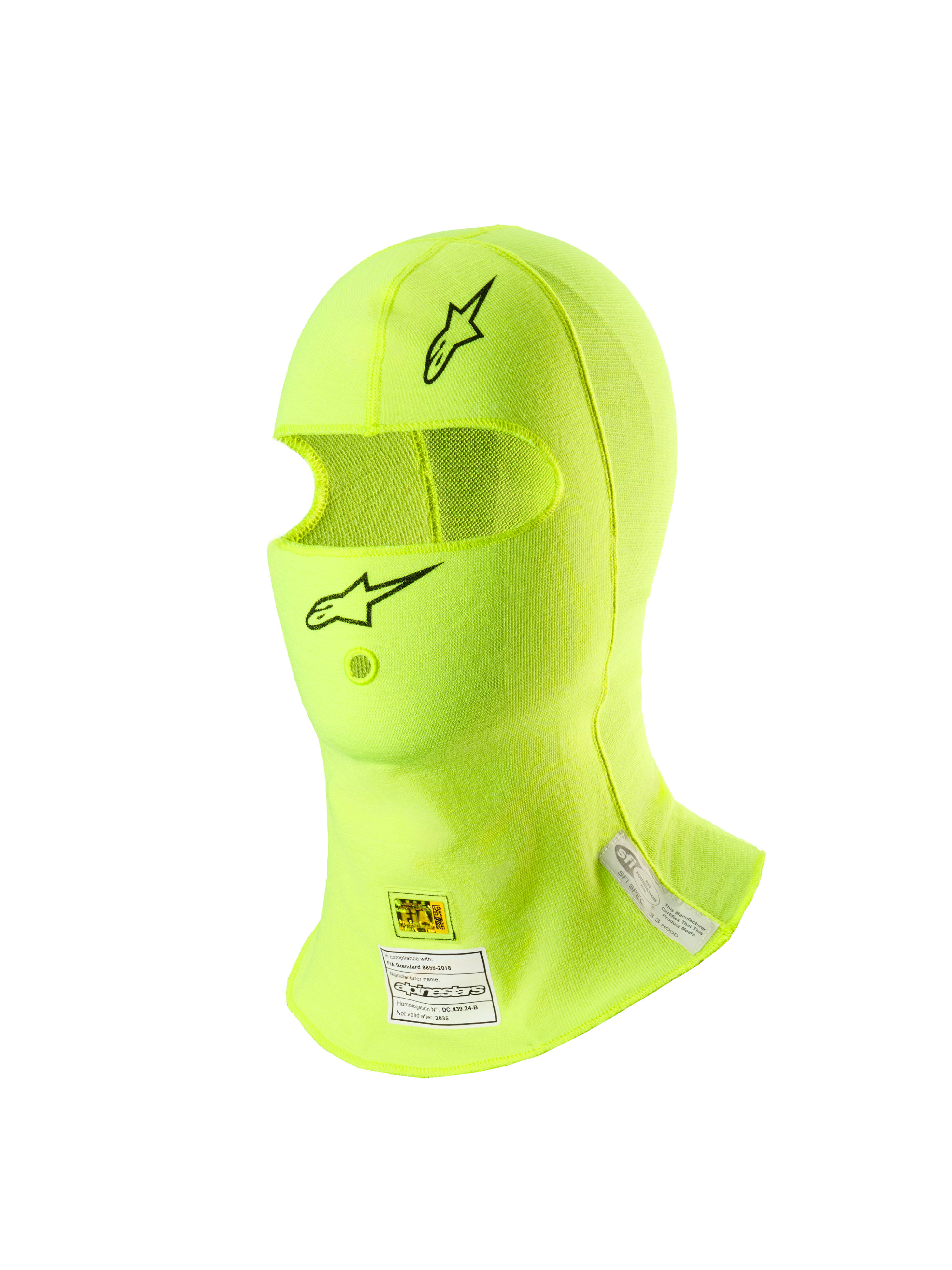 Alpinestars ZX Evo V3 Sturmhaube, Auto-Rennsport-Kopfbedeckung, Gelb Fluo, mit schwarzen Stern-Logos auf der Stirn und am Kinn, FIA- und SFI-Zertifizierungsetiketten am Hals, leichtes flammhemmendes Material mit einer Öffnung für den Trinkschlauch