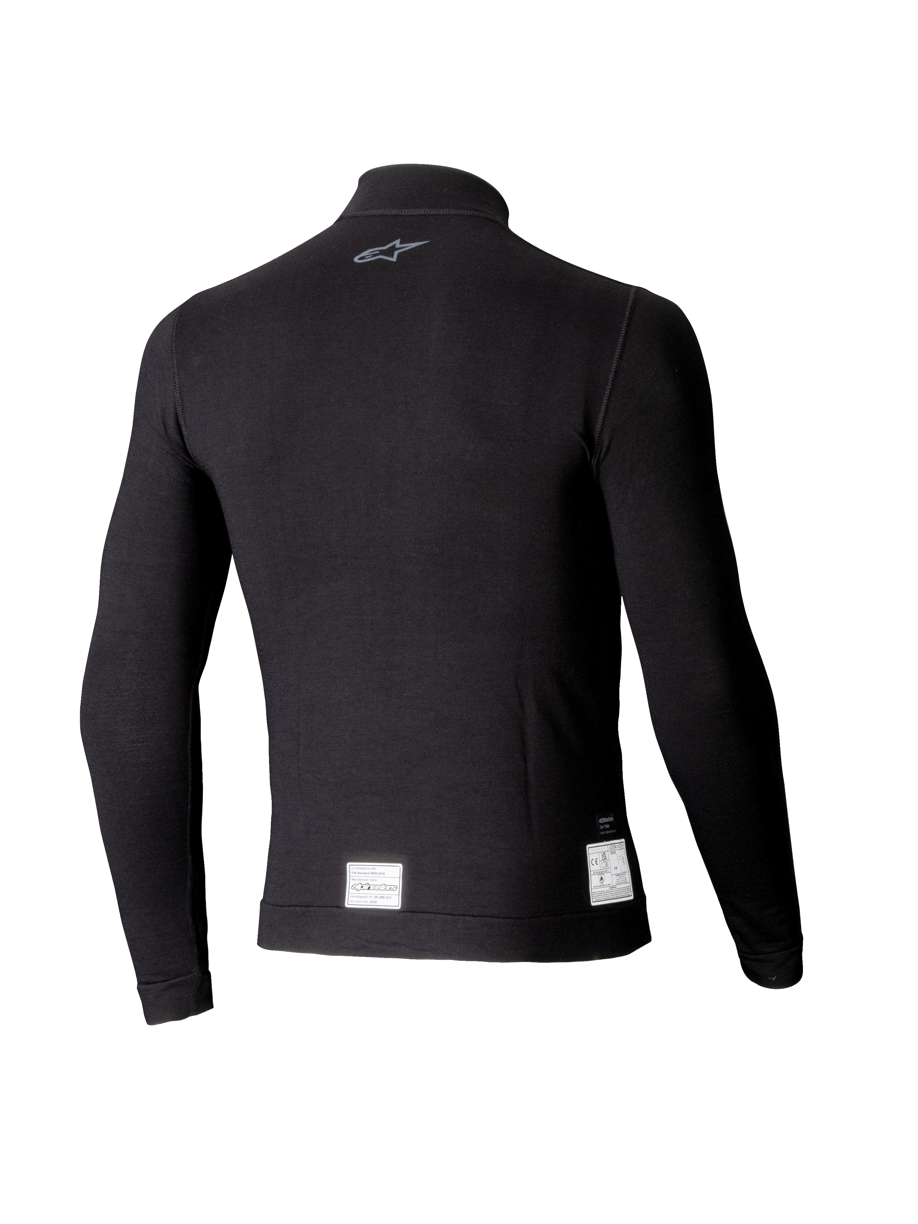 Alpinestars ZX Evo V3 Langarm-Top, schwarze Auto-Rennsport-Funktionsunterwäsche, Rückansicht mit einem kleinen grauen Logo am Nacken und weißen FIA/SFI-Zertifizierungslabels am unteren Saum, leichtes flammhemmendes Design.