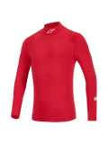Alpinestars ZX Evo V3 Langarm-Top, rote flammhemmende Auto-Rennsport-Funktionsunterwäsche, hoher Kragen mit weißem Logo, tonale rote Schulterdetails, leichtes technisches Material für professionellen Fahrerschutz.