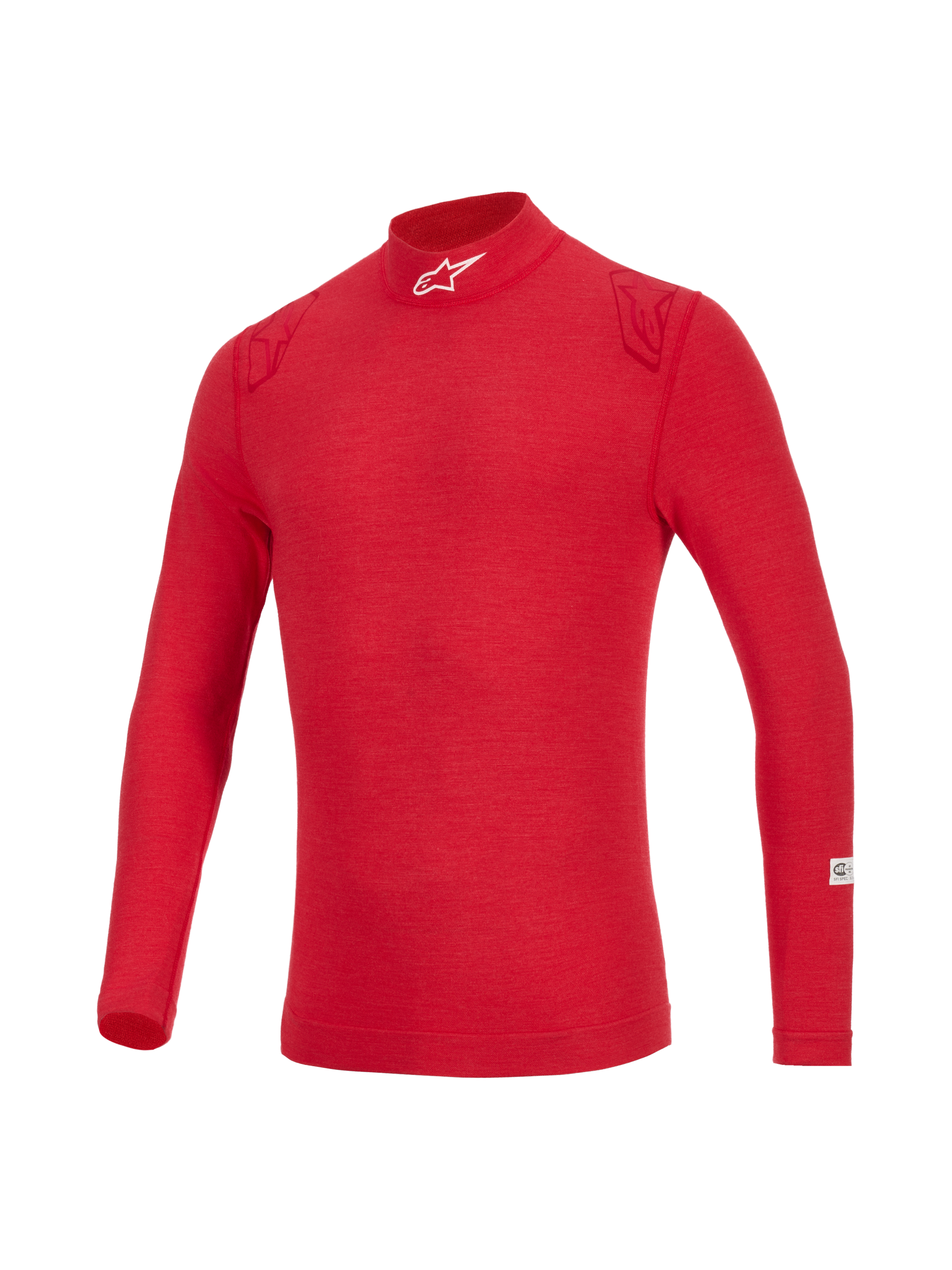 Alpinestars ZX Evo V3 Langarm-Top, rote flammhemmende Auto-Rennsport-Funktionsunterwäsche, hoher Kragen mit weißem Logo, tonale rote Schulterdetails, leichtes technisches Material für professionellen Fahrerschutz.