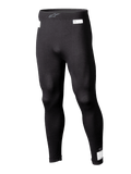 Alpinestars ZX Evo V3 Unterteil, schwarze Motorsport-Base-Layer-Leggings, flammenhemmende Rennunterwäsche, langes Design mit weißen FIA- und SFI-Zertifizierungsetiketten, elastischer Bund mit grauem Astars-Logo, schmale Passform