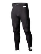 Alpinestars ZX Evo V3 Unterteil, schwarze Motorsport-Base-Layer-Leggings, flammenhemmende Rennunterwäsche, langes Design mit weißen FIA- und SFI-Zertifizierungsetiketten, elastischer Bund mit grauem Astars-Logo, schmale Passform